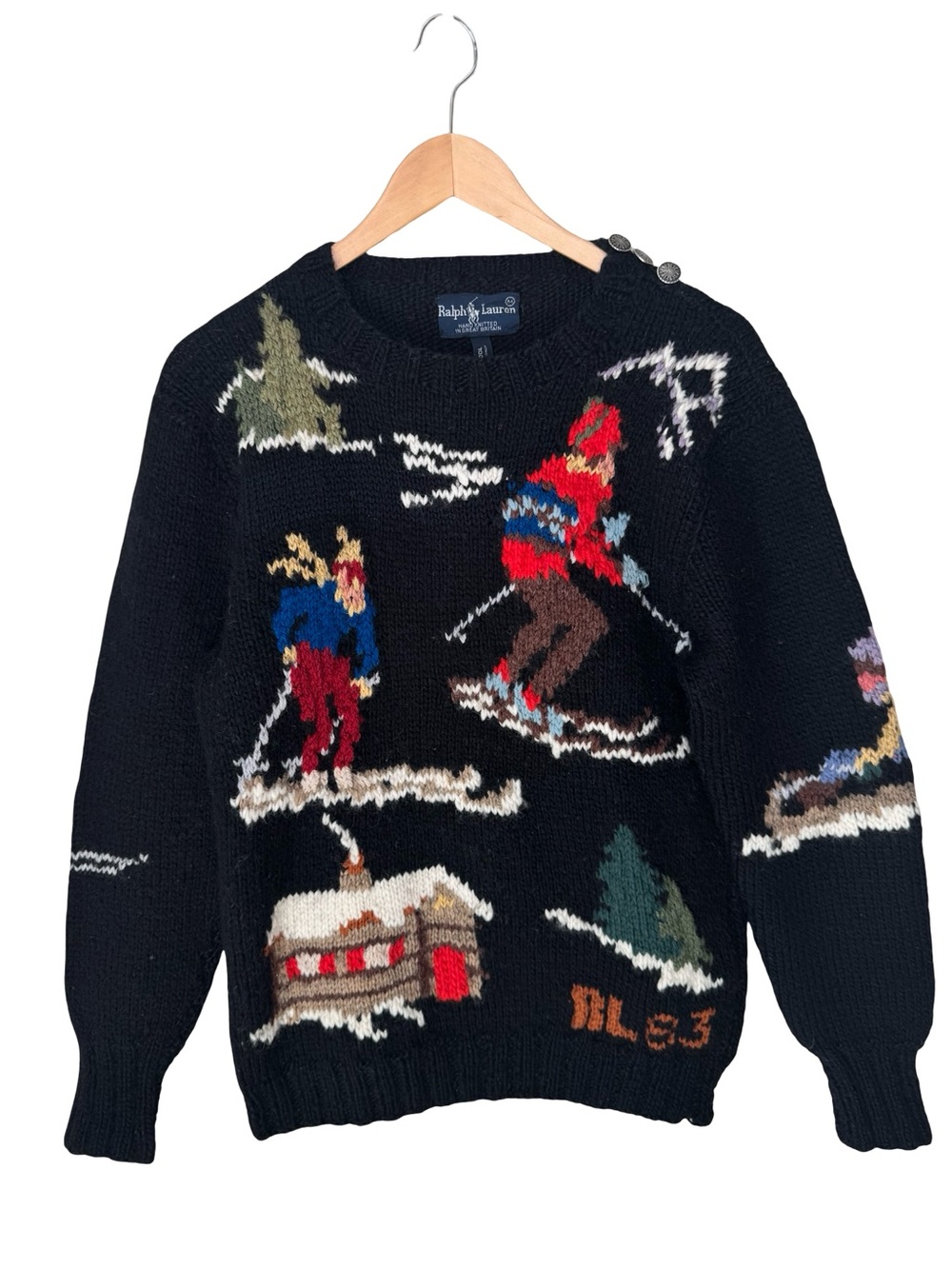 VERY RARE Vintage Ralph Lauren RL83 Hand Knit Black Ski Scene Wool Sweater